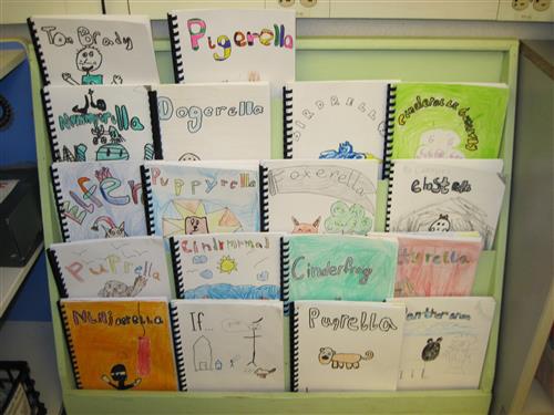 student created books on a shelf 