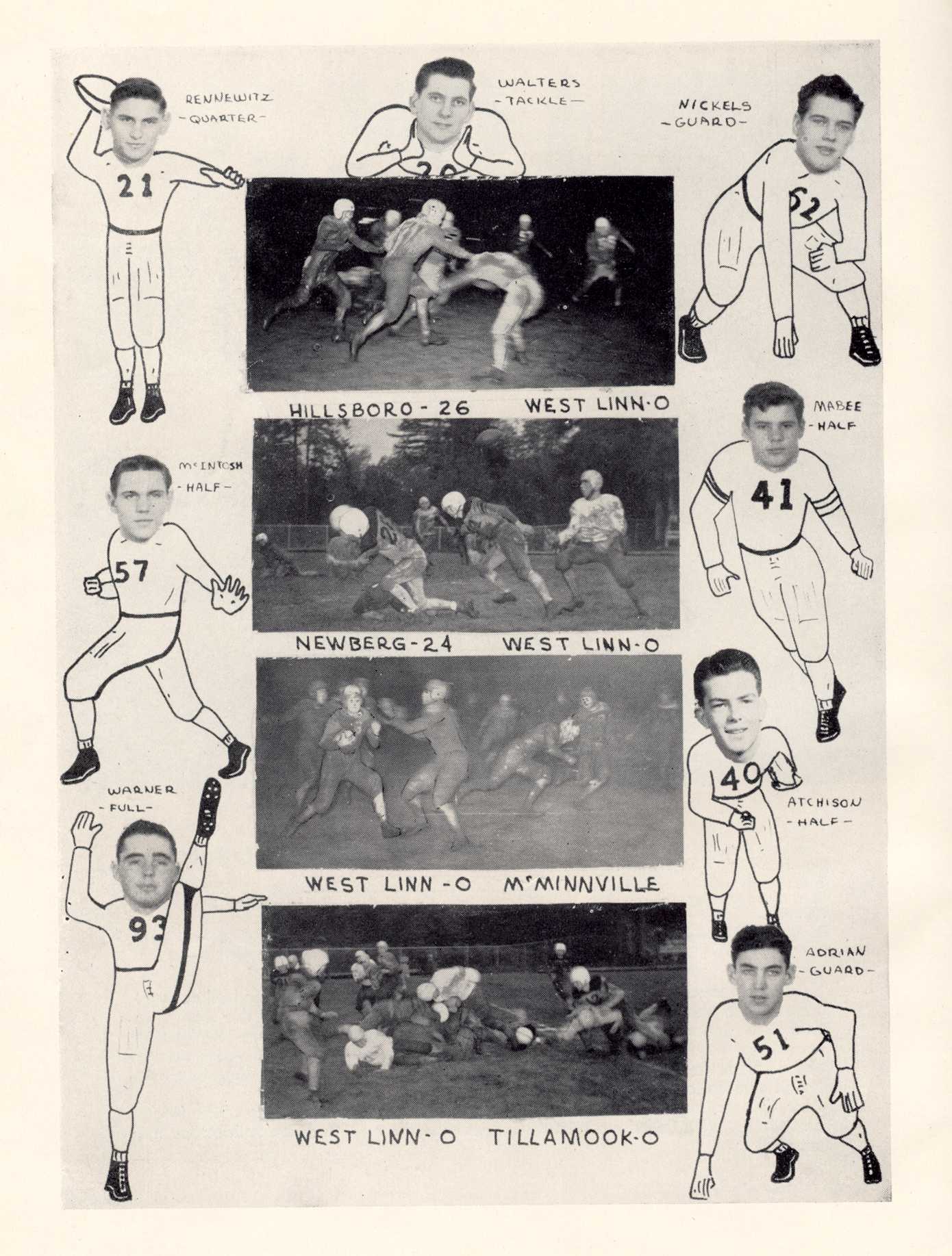 1948 football team photos with goofy drawings 