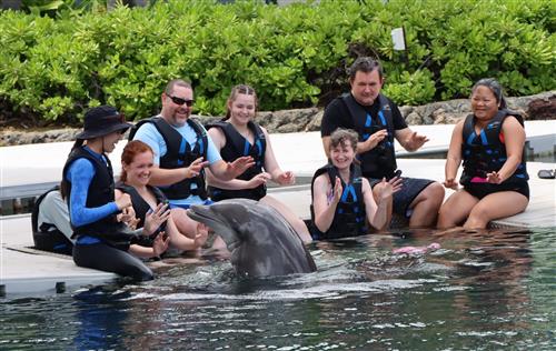 My family, friends, and I got to help give a dolphin training commands at Dophin Quest on O'ahu. 