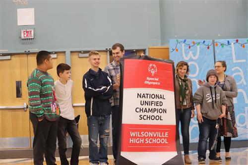 Wilsonville High Unified athletes celebrate during an assembly in December. 