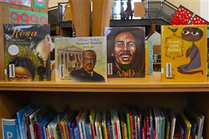 A book shelf has books propped up on top of it that highlight Black History Month. 