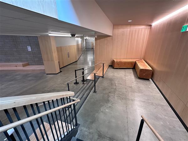 Wood benches at stair landing